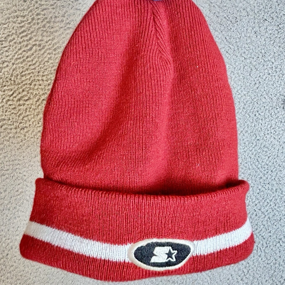 VINTAGE Starter Beanie 90's Logo VTG Embroidered Striped Red